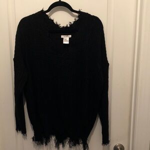 Top Style Black V-Neck Frayed Sweater